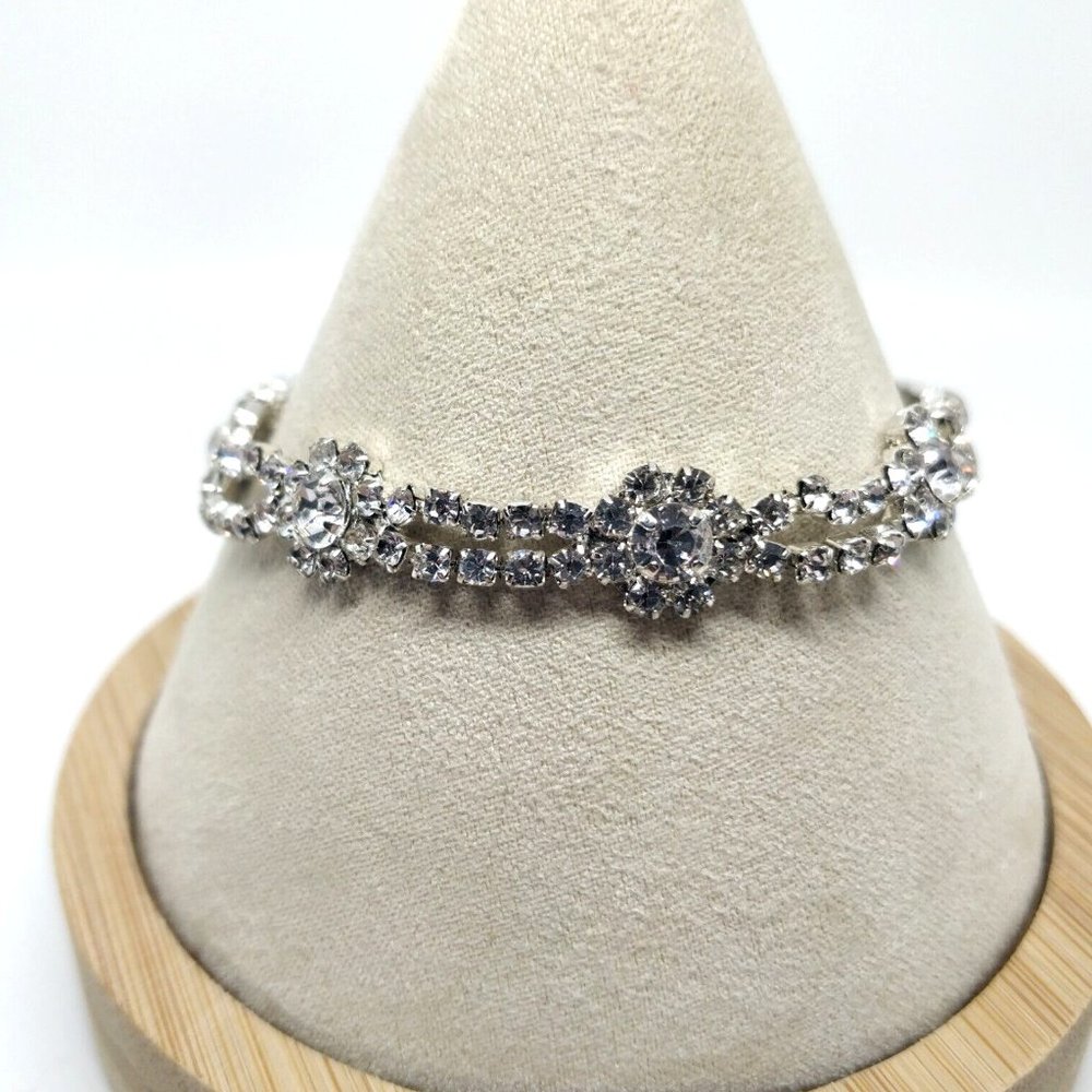 Rhinestone Stretch Bracelet Flowers Silver Tone Sparkly Bridal Bling Formal